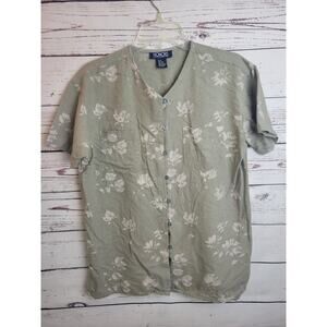 Vtg Honors Button Up Shirt Green Floral 100% Silk Short Sleeve Womens Size Small